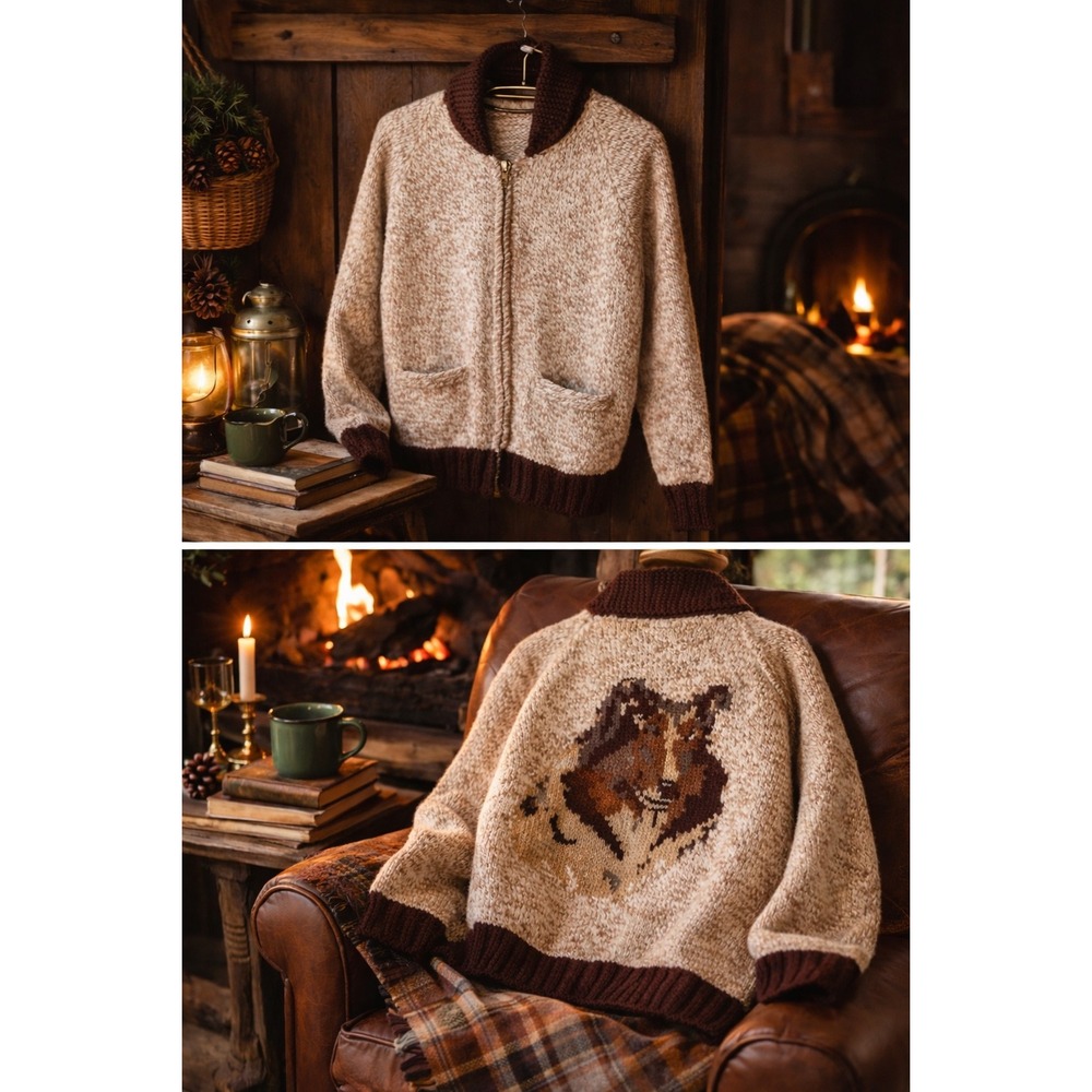 Vintage Grandpa Sweater Zip Knit Cardigan Lassie Collie Dog Lodge‎ Cozy READ